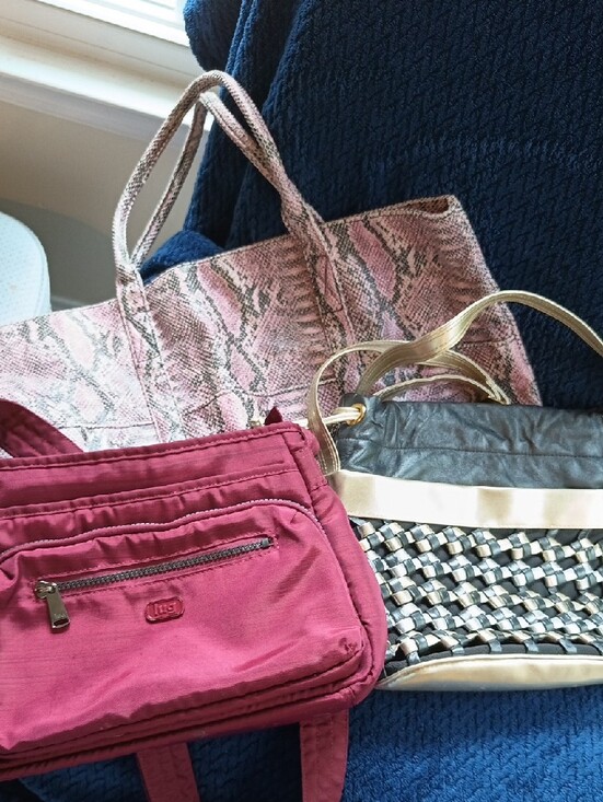 BCBGMaxAzria Handbags - Lot Of 3 - Woven 🖤/Gold Purse, B/W Leather Clutch, BCBG Pink/🖤 🐍-Skin Tote